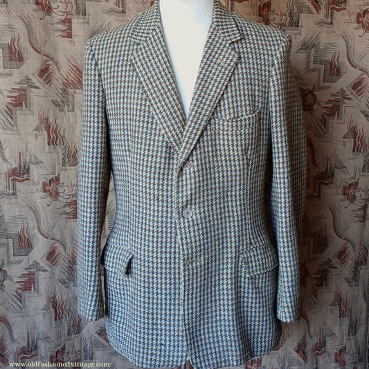 Vintage Mens 1950s Harris Tweed Sports Jacket Green Blue Brown Beige Houndstooth Shepherd Check 38"