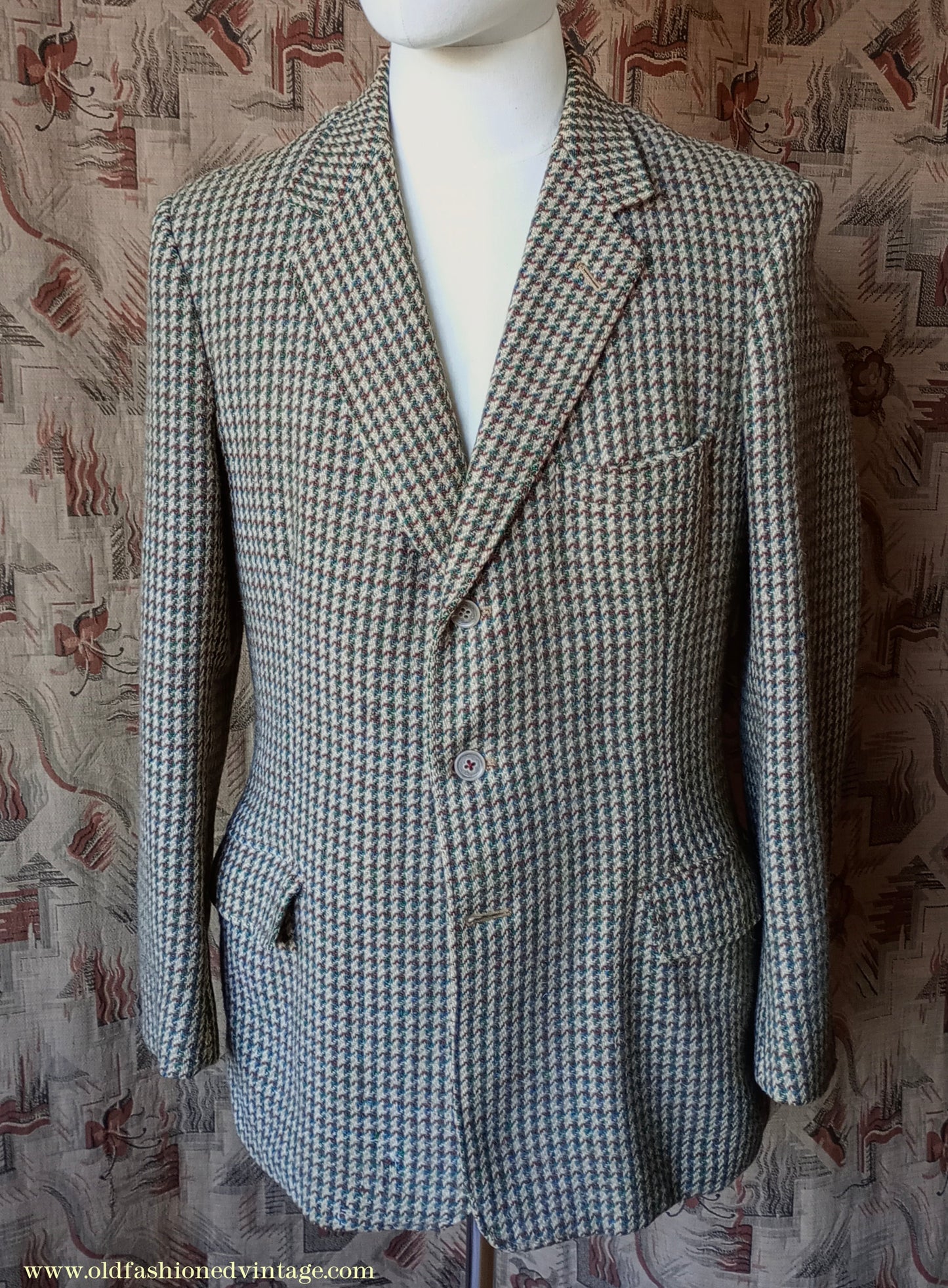Vintage Mens 1950s Harris Tweed Sports Jacket Green Blue Brown Beige Houndstooth Shepherd Check 38"