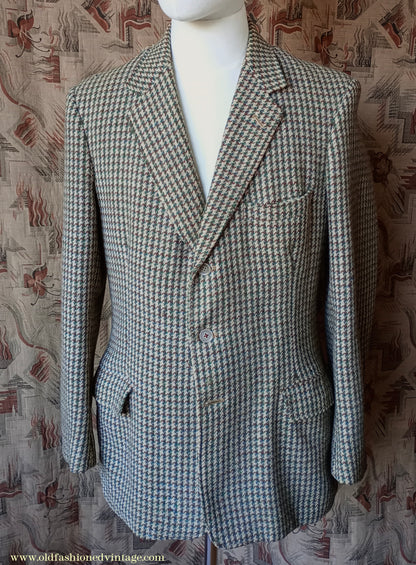 Vintage Mens 1950s Harris Tweed Sports Jacket Green Blue Brown Beige Houndstooth Shepherd Check 38"