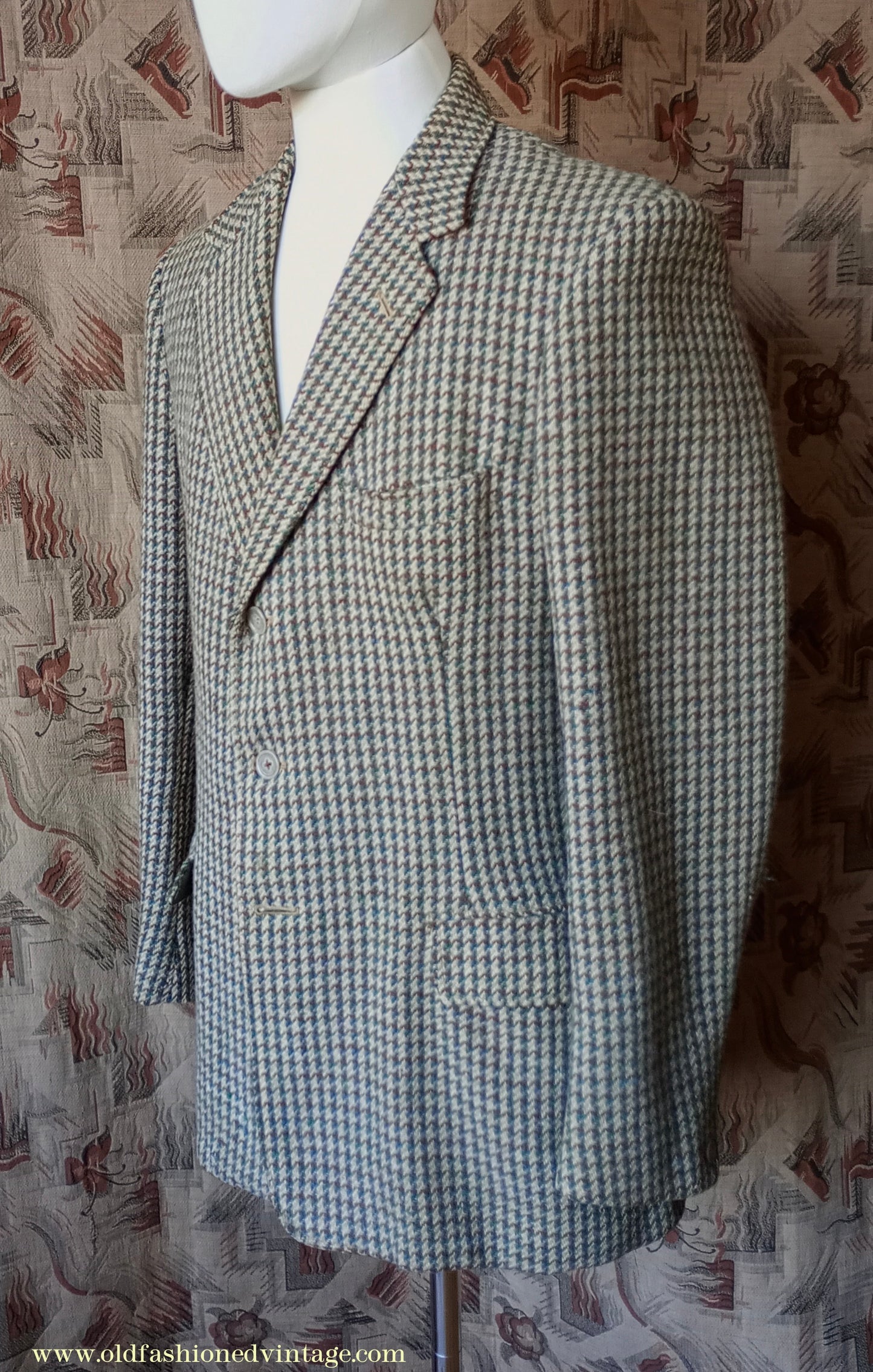 Vintage Mens 1950s Harris Tweed Sports Jacket Green Blue Brown Beige Houndstooth Shepherd Check 38"