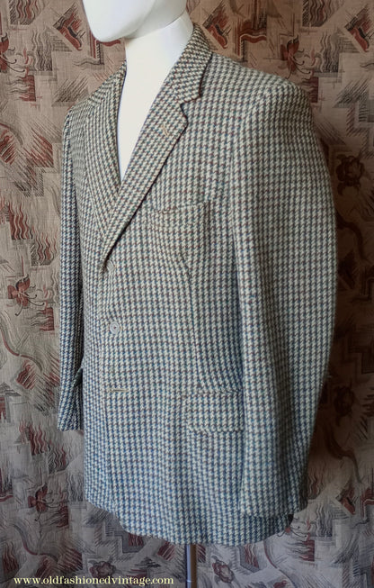 Vintage Mens 1950s Harris Tweed Sports Jacket Green Blue Brown Beige Houndstooth Shepherd Check 38"