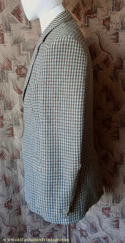 Vintage Mens 1950s Harris Tweed Sports Jacket Green Blue Brown Beige Houndstooth Shepherd Check 38"