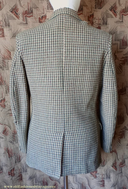 Vintage Mens 1950s Harris Tweed Sports Jacket Green Blue Brown Beige Houndstooth Shepherd Check 38"