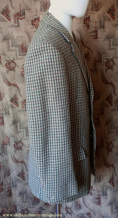 Vintage Mens 1950s Harris Tweed Sports Jacket Green Blue Brown Beige Houndstooth Shepherd Check 38"