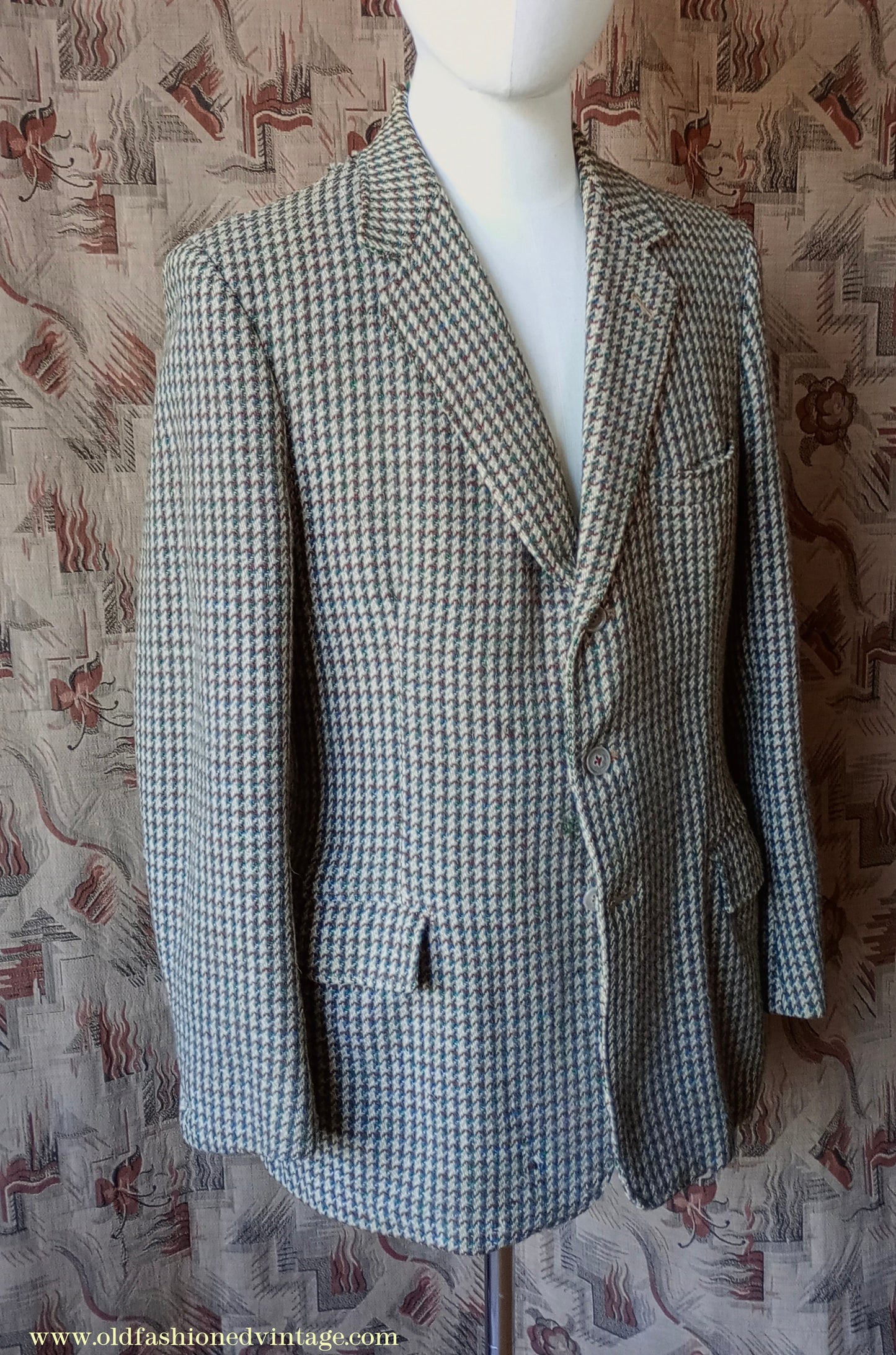 Vintage Mens 1950s Harris Tweed Sports Jacket Green Blue Brown Beige Houndstooth Shepherd Check 38"