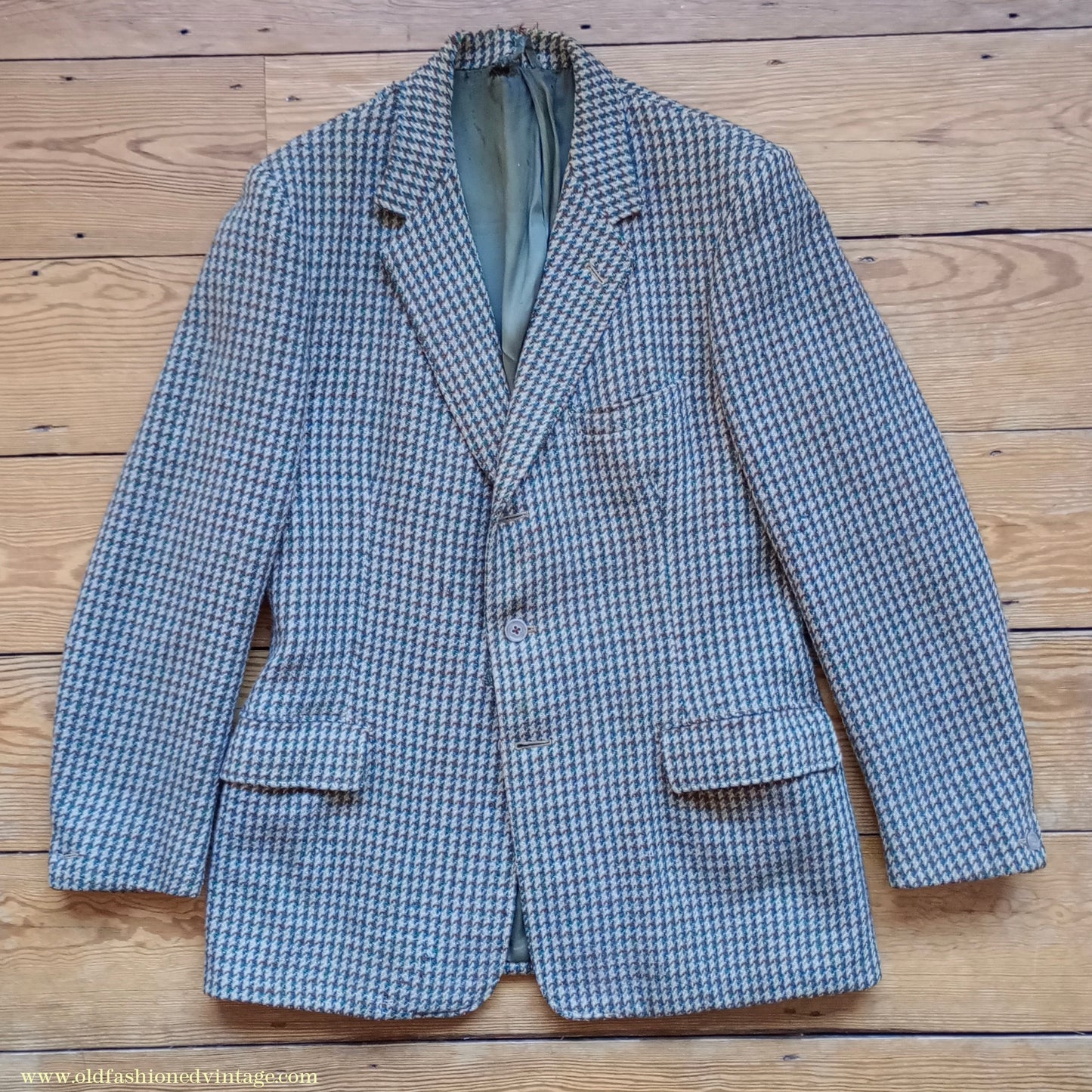 Vintage Mens 1950s Harris Tweed Sports Jacket Green Blue Brown Beige Houndstooth Shepherd Check 38"