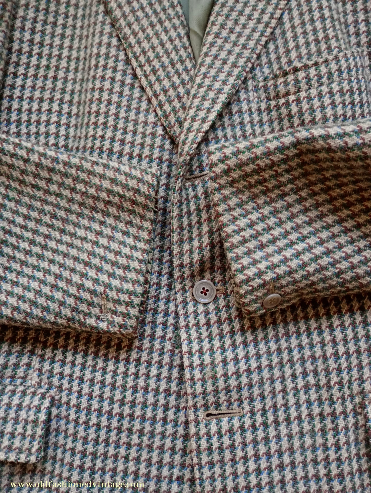 Vintage Mens 1950s Harris Tweed Sports Jacket Green Blue Brown Beige Houndstooth Shepherd Check 38"