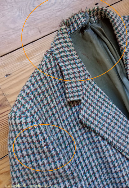 Vintage Mens 1950s Harris Tweed Sports Jacket Green Blue Brown Beige Houndstooth Shepherd Check 38"