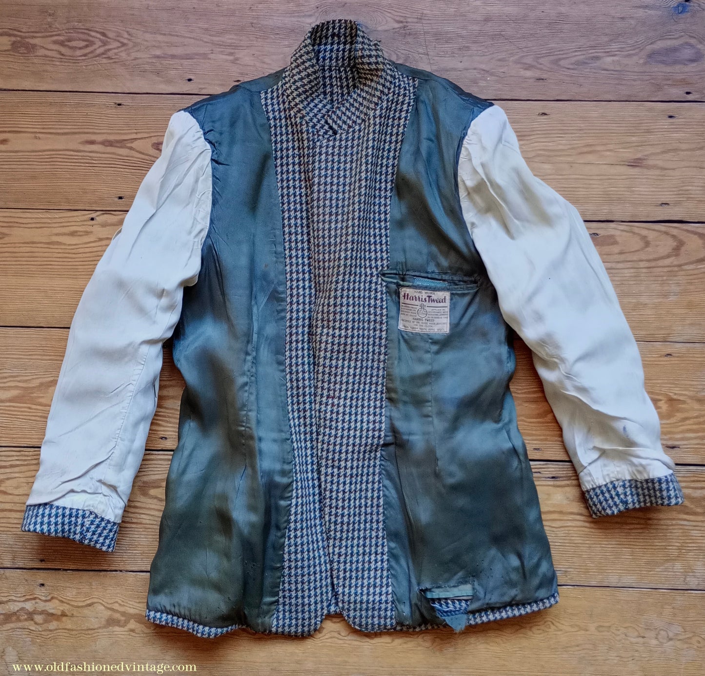 Vintage Mens 1950s Harris Tweed Sports Jacket Green Blue Brown Beige Houndstooth Shepherd Check 38"