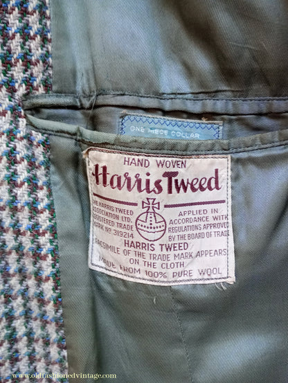 Vintage Mens 1950s Harris Tweed Sports Jacket Green Blue Brown Beige Houndstooth Shepherd Check 38"