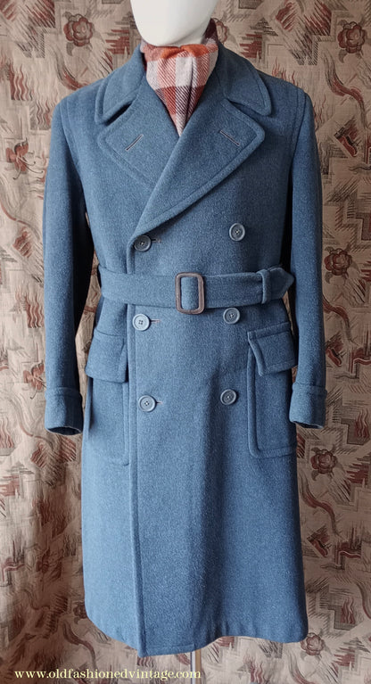 Vintage Mens 1940s 'Guards' Double Breasted Overcoat Coat Blue Grey Wool DB Belted 36"