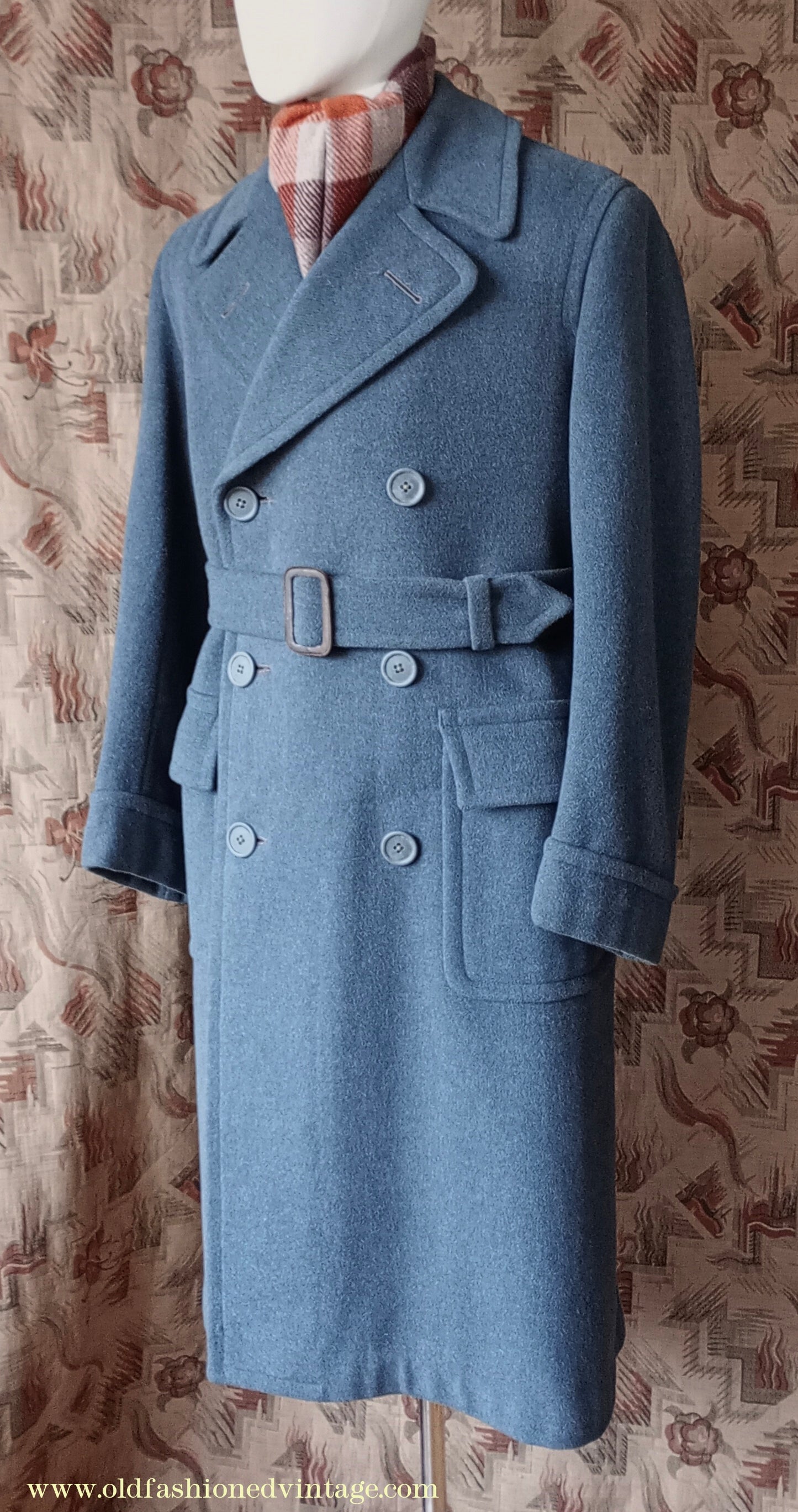 Vintage Mens 1940s 'Guards' Double Breasted Overcoat Coat Blue Grey Wool DB Belted 36"
