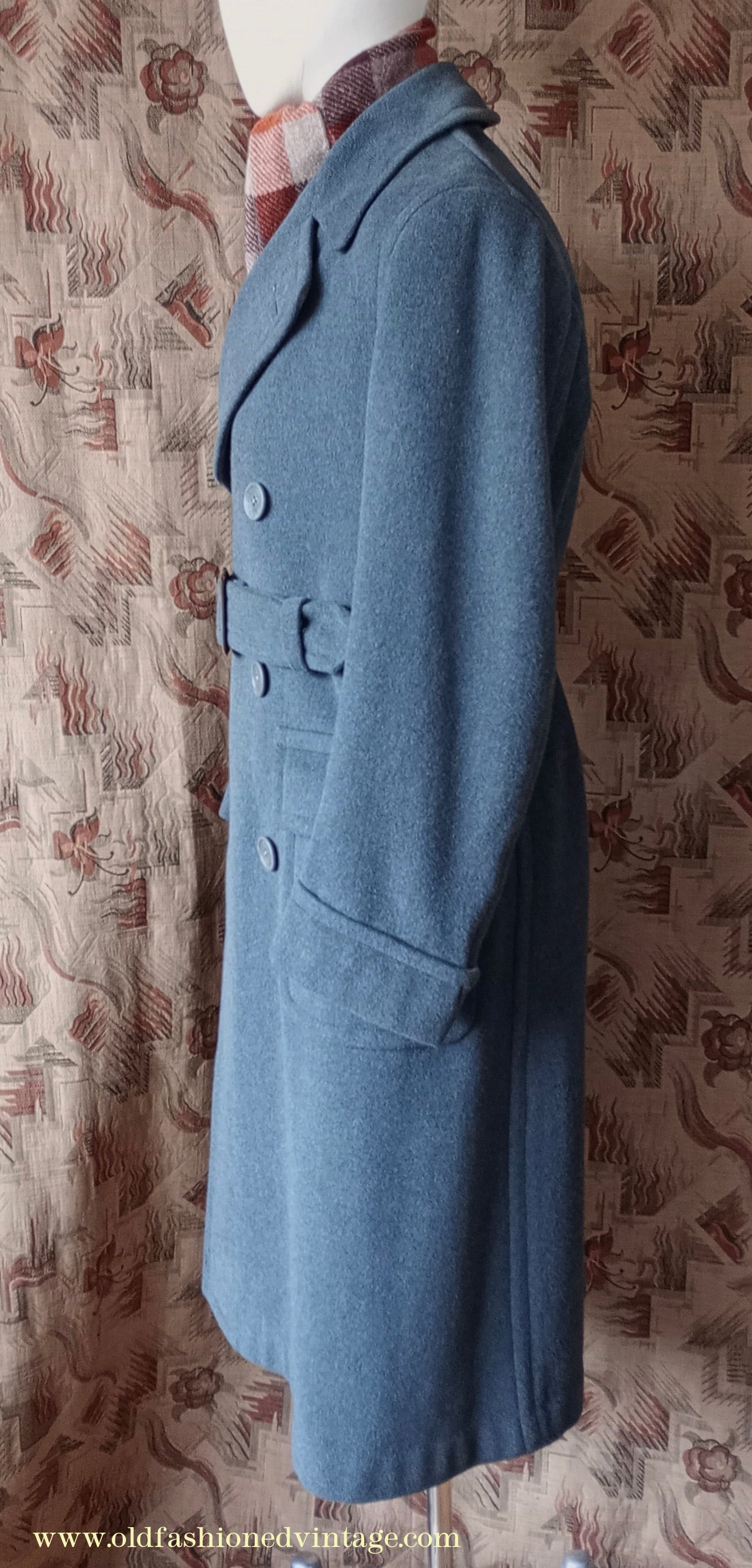 Vintage Mens 1940s 'Guards' Double Breasted Overcoat Coat Blue Grey Wool DB Belted 36"