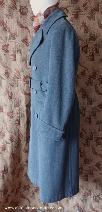 Vintage Mens 1940s 'Guards' Double Breasted Overcoat Coat Blue Grey Wool DB Belted 36"