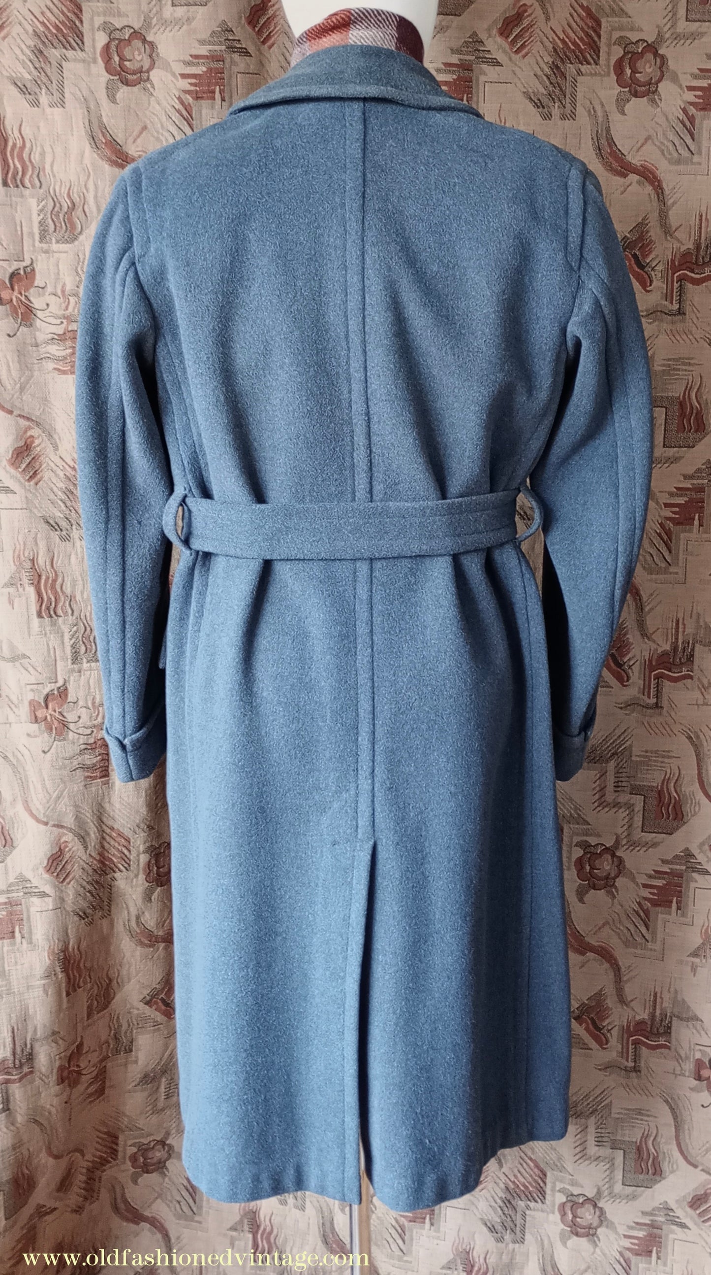 Vintage Mens 1940s 'Guards' Double Breasted Overcoat Coat Blue Grey Wool DB Belted 36"