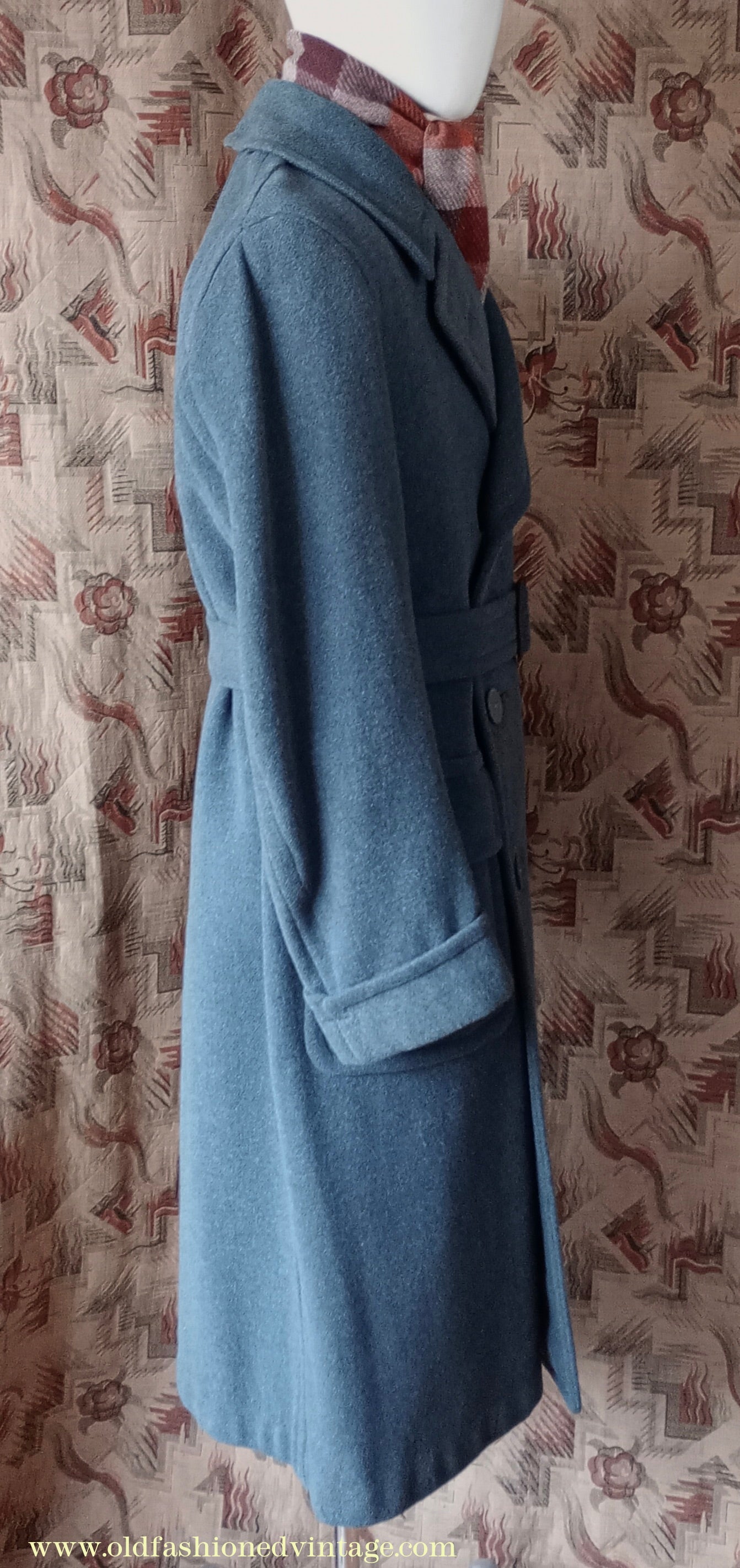Vintage Mens 1940s 'Guards' Double Breasted Overcoat Coat Blue Grey Wool DB Belted 36"