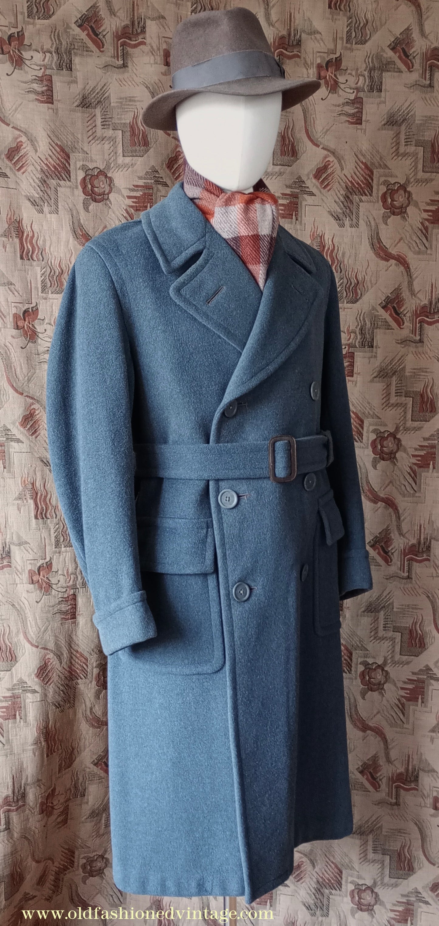 Vintage Mens 1940s 'Guards' Double Breasted Overcoat Coat Blue Grey Wool DB Belted 36"