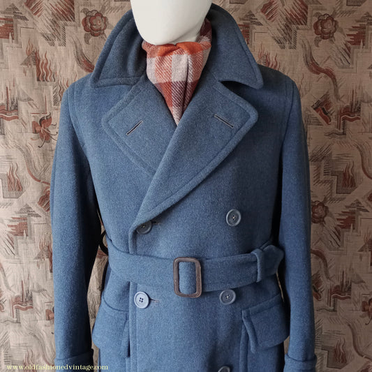 Vintage Mens 1940s 'Guards' Double Breasted Overcoat Coat Blue Grey Wool DB Belted 36"