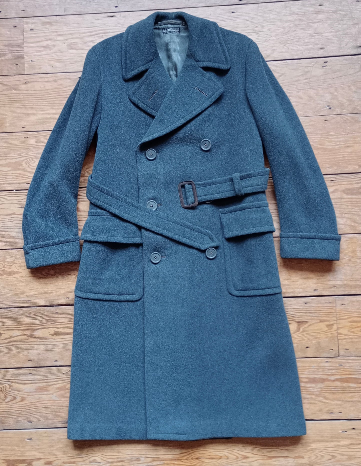 Vintage Mens 1940s 'Guards' Double Breasted Overcoat Coat Blue Grey Wool DB Belted 36"
