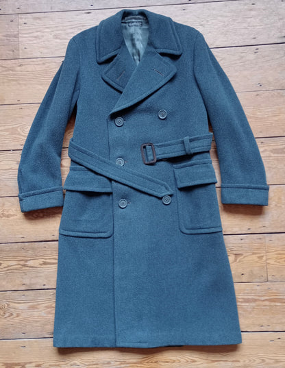 Vintage Mens 1940s 'Guards' Double Breasted Overcoat Coat Blue Grey Wool DB Belted 36"