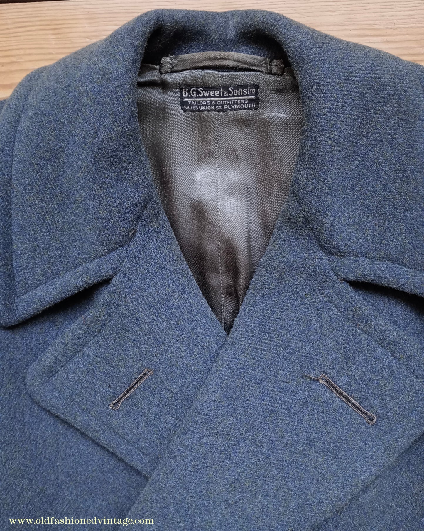 Vintage Mens 1940s 'Guards' Double Breasted Overcoat Coat Blue Grey Wool DB Belted 36"