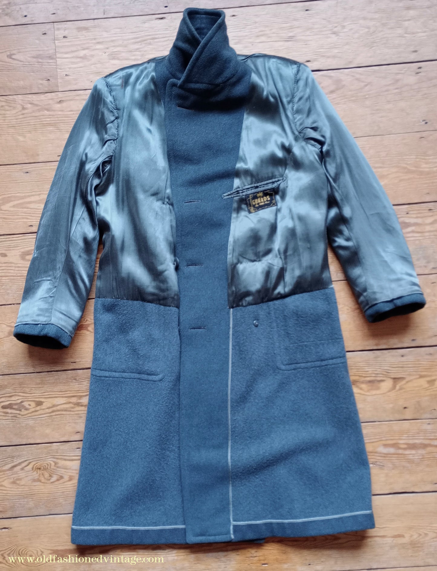 Vintage Mens 1940s 'Guards' Double Breasted Overcoat Coat Blue Grey Wool DB Belted 36"