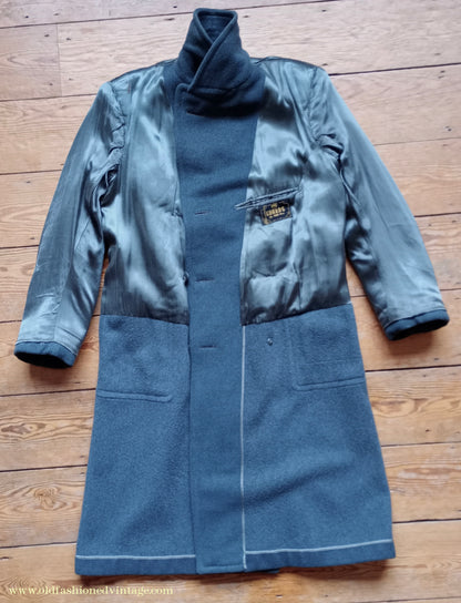 Vintage Mens 1940s 'Guards' Double Breasted Overcoat Coat Blue Grey Wool DB Belted 36"