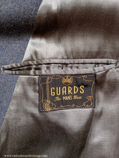 Vintage Mens 1940s 'Guards' Double Breasted Overcoat Coat Blue Grey Wool DB Belted 36"