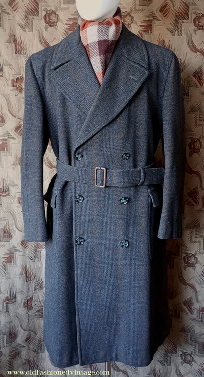 Vintage Mens 1940s Burton Laird Double Breasted Overcoat Coat Charcoal Grey Glen Check Wool DB Belted L