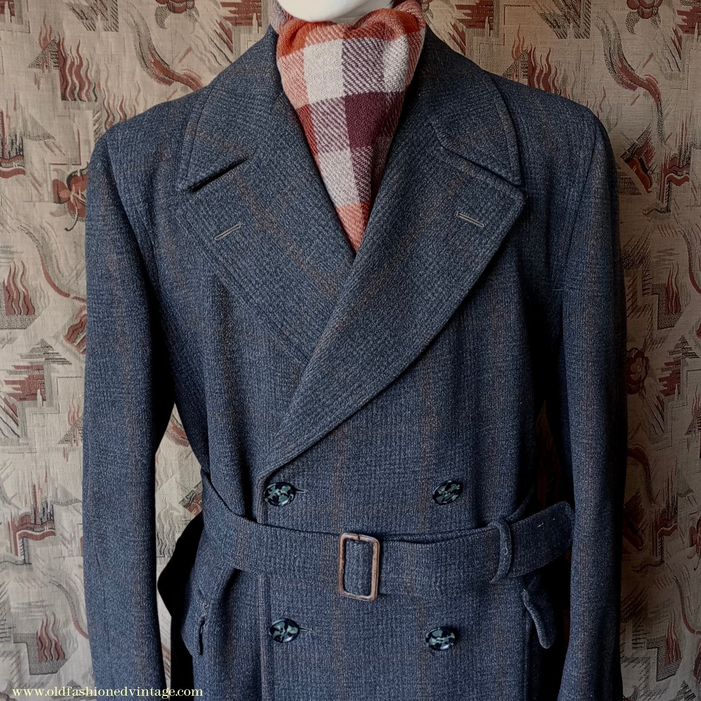 Vintage Mens 1940s Burton Laird Double Breasted Overcoat Coat Charcoal Grey Glen Check Wool DB Belted L