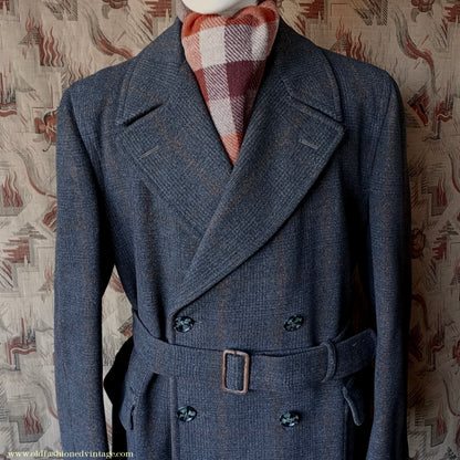 Vintage Mens 1940s Burton Laird Double Breasted Overcoat Coat Charcoal Grey Glen Check Wool DB Belted L