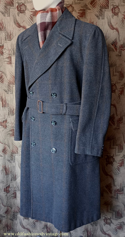 Vintage Mens 1940s Burton Laird Double Breasted Overcoat Coat Charcoal Grey Glen Check Wool DB Belted L