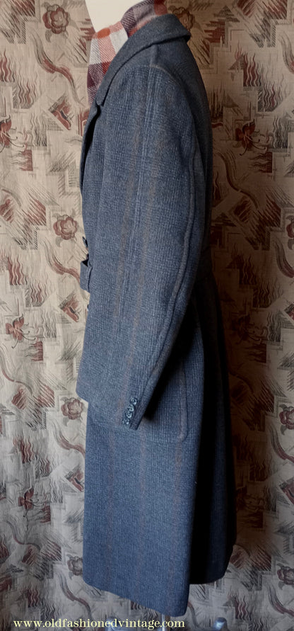 Vintage Mens 1940s Burton Laird Double Breasted Overcoat Coat Charcoal Grey Glen Check Wool DB Belted L