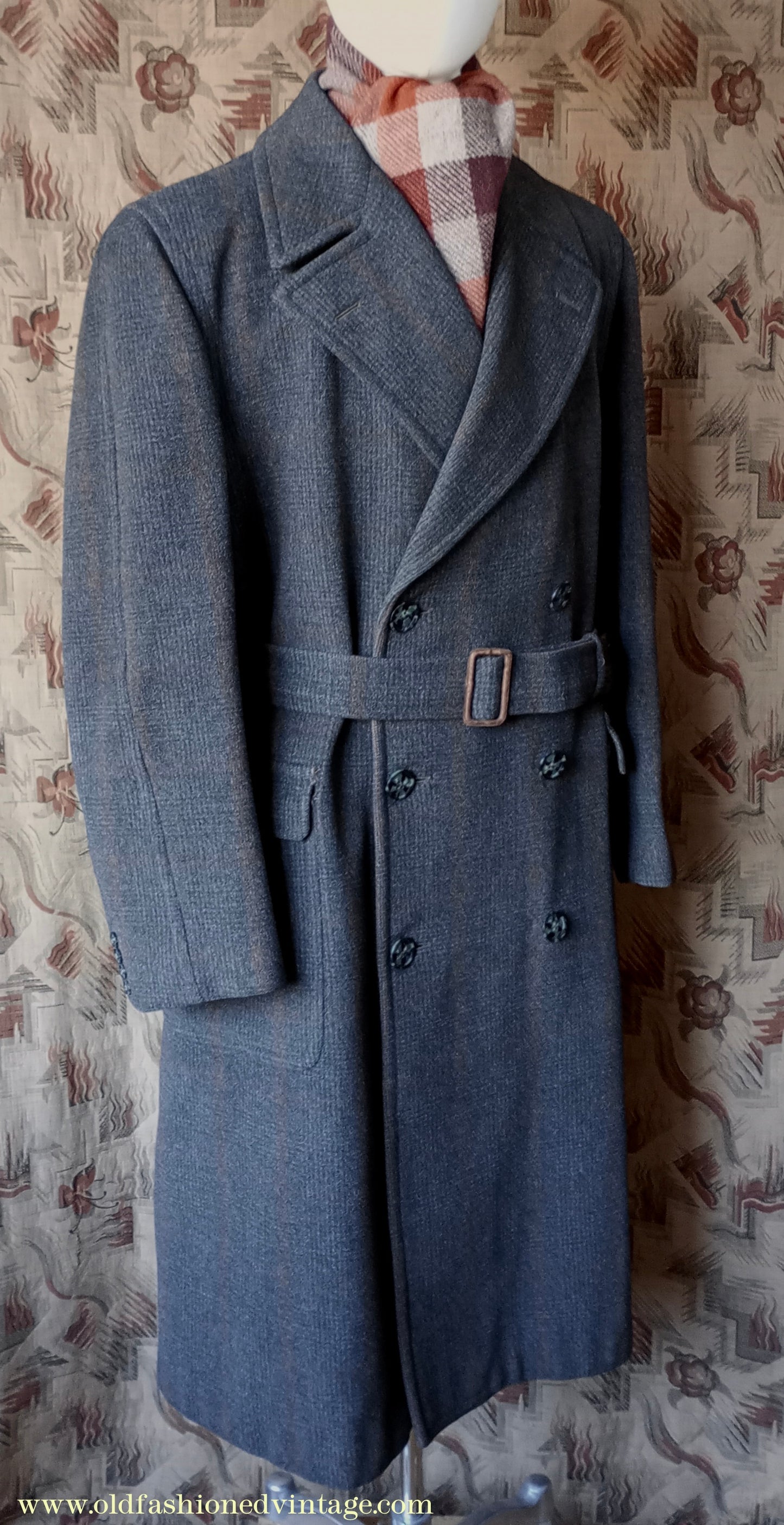Vintage Mens 1940s Burton Laird Double Breasted Overcoat Coat Charcoal Grey Glen Check Wool DB Belted L