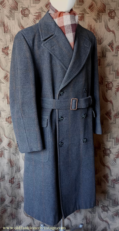 Vintage Mens 1940s Burton Laird Double Breasted Overcoat Coat Charcoal Grey Glen Check Wool DB Belted L