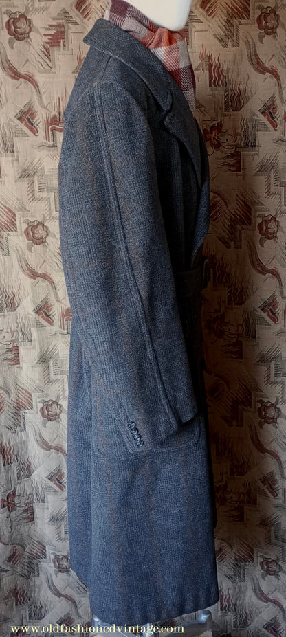 Vintage Mens 1940s Burton Laird Double Breasted Overcoat Coat Charcoal Grey Glen Check Wool DB Belted L