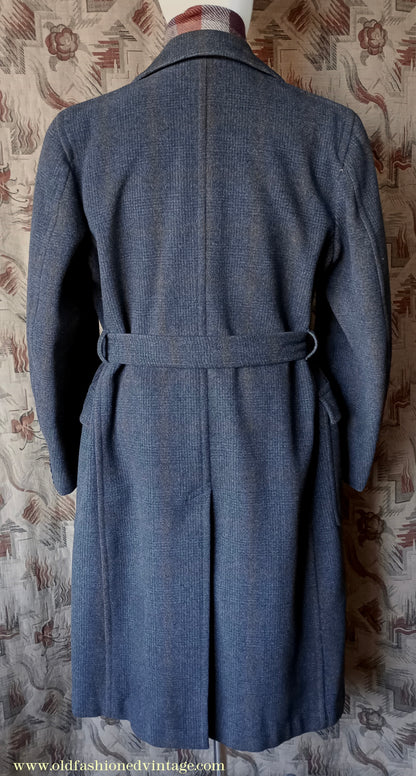 Vintage Mens 1940s Burton Laird Double Breasted Overcoat Coat Charcoal Grey Glen Check Wool DB Belted L