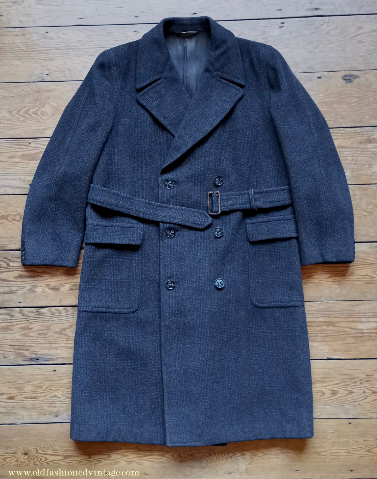 Vintage Mens 1940s Burton Laird Double Breasted Overcoat Coat Charcoal Grey Glen Check Wool DB Belted L