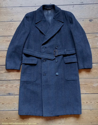 Vintage Mens 1940s Burton Laird Double Breasted Overcoat Coat Charcoal Grey Glen Check Wool DB Belted L