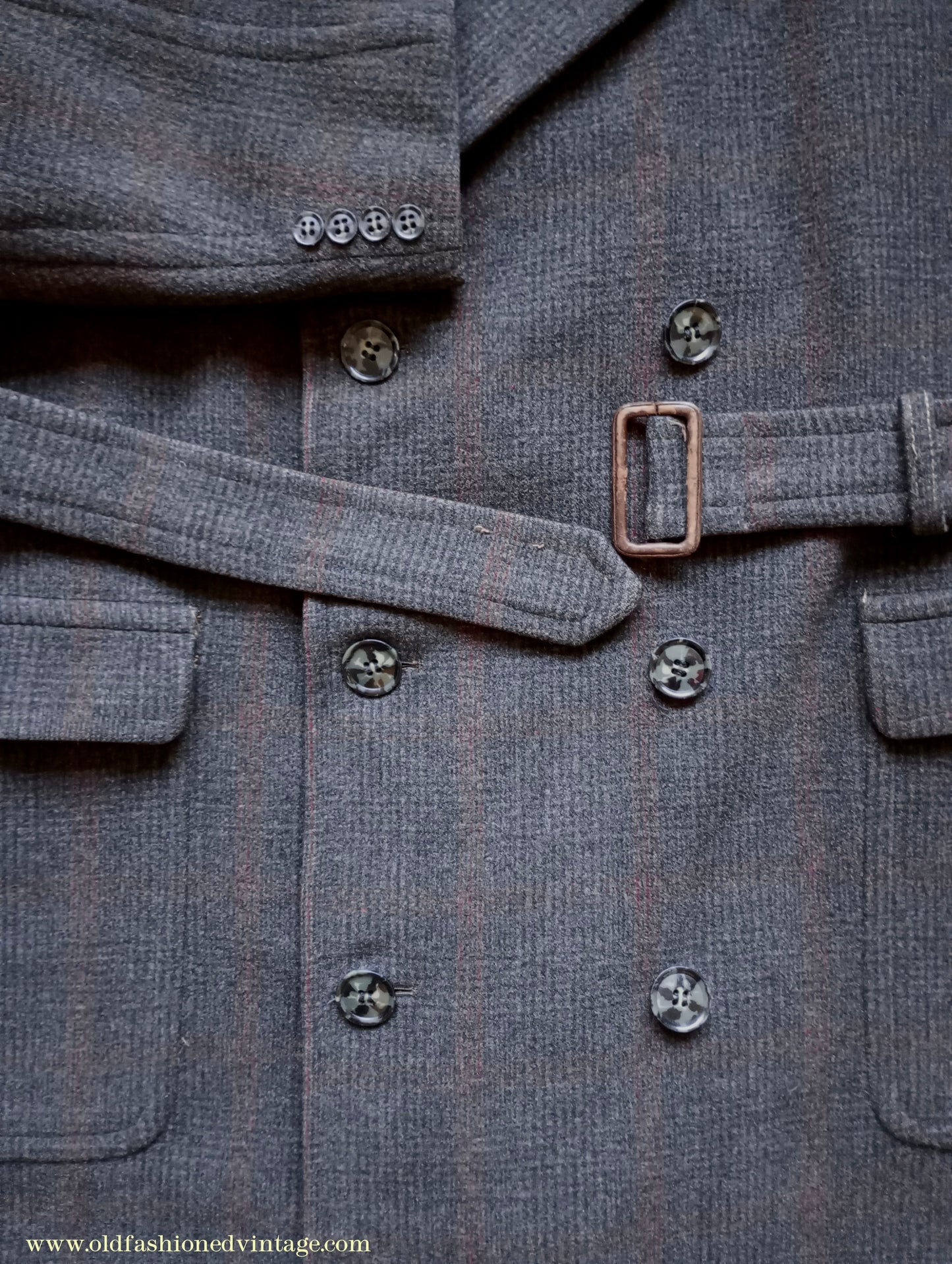 Vintage Mens 1940s Burton Laird Double Breasted Overcoat Coat Charcoal Grey Glen Check Wool DB Belted L