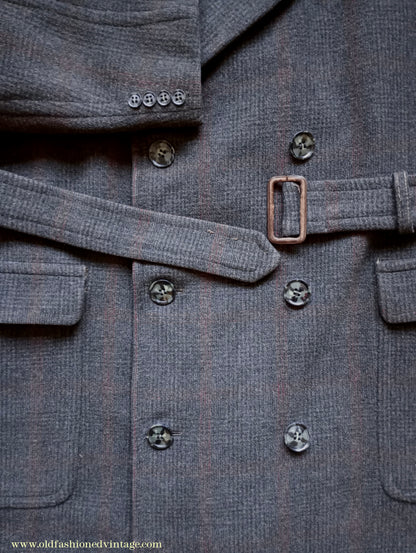 Vintage Mens 1940s Burton Laird Double Breasted Overcoat Coat Charcoal Grey Glen Check Wool DB Belted L