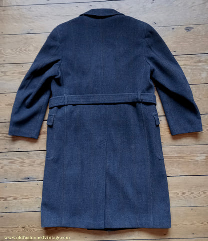 Vintage Mens 1940s Burton Laird Double Breasted Overcoat Coat Charcoal Grey Glen Check Wool DB Belted L