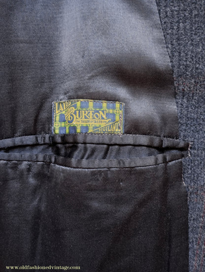 Vintage Mens 1940s Burton Laird Double Breasted Overcoat Coat Charcoal Grey Glen Check Wool DB Belted L