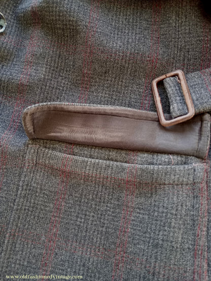 Vintage Mens 1940s Burton Laird Double Breasted Overcoat Coat Charcoal Grey Glen Check Wool DB Belted L
