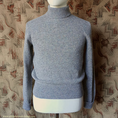 Old Fashioned Garments Vintage Reproduction 1930s 1940s Mens Roll Neck Jumper Heather Grey Marl Wool Polo Turtle Sweater S/M
