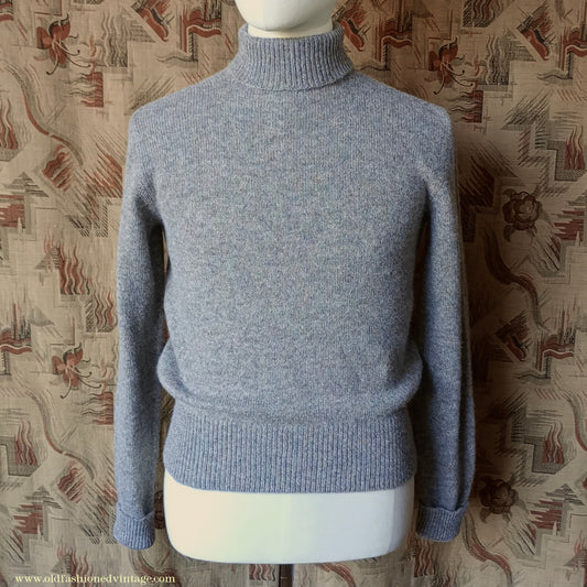 Old Fashioned Garments Vintage Reproduction 1930s 1940s Mens Roll Neck Jumper Heather Grey Marl Wool Polo Turtle Sweater S/M