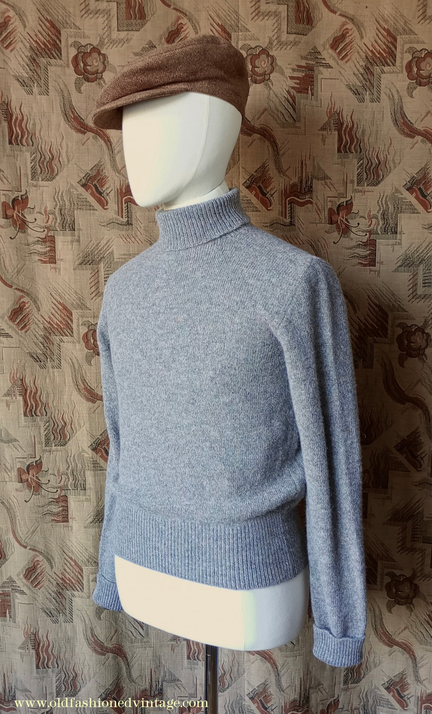 Old Fashioned Garments Vintage Reproduction 1930s 1940s Mens Roll Neck Jumper Heather Grey Marl Wool Polo Turtle Sweater S/M