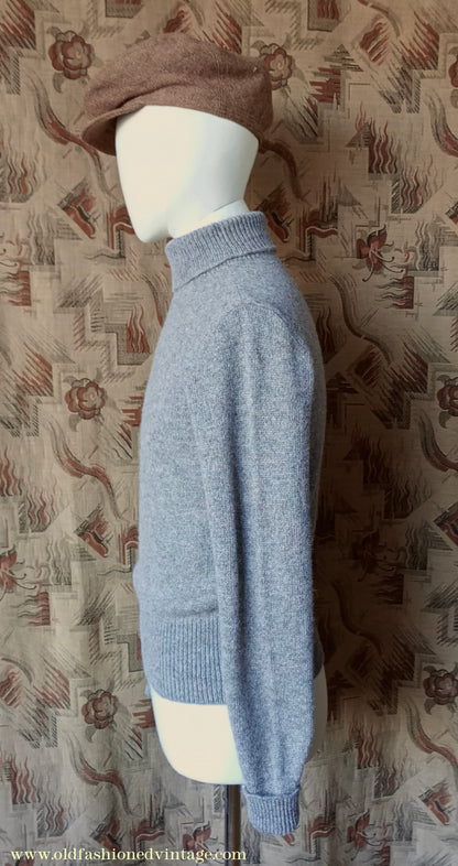 Old Fashioned Garments Vintage Reproduction 1930s 1940s Mens Roll Neck Jumper Heather Grey Marl Wool Polo Turtle Sweater S/M