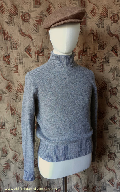 Old Fashioned Garments Vintage Reproduction 1930s 1940s Mens Roll Neck Jumper Heather Grey Marl Wool Polo Turtle Sweater S/M