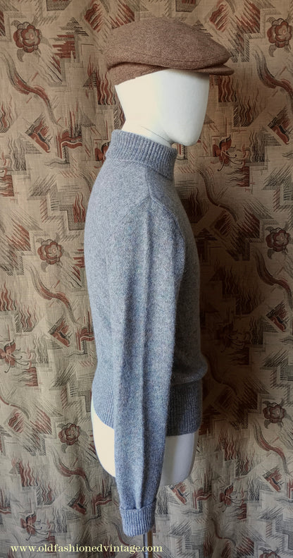 Old Fashioned Garments Vintage Reproduction 1930s 1940s Mens Roll Neck Jumper Heather Grey Marl Wool Polo Turtle Sweater S/M